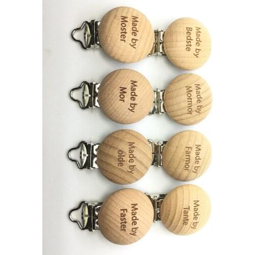 40PCS Laser Engrave Logo Beech Wooden Baby Pacifier Dummy Holder Clips