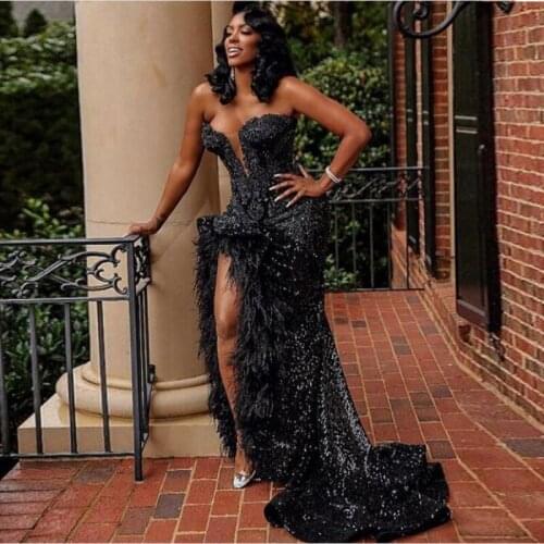 Sparkle Sequin Black Evening Dresses Luxury 2021 Prom Sweetheart with Feather High Slit Sexy Women African Formal Party Gown