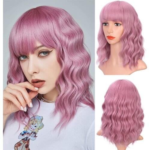 FGY 14-Inch Pink Bob Short Curly Hair With Bangs For Ladies Synthetic Wig Lolita Golden Shoulder-Length Natural Wavy Cosplay Wig