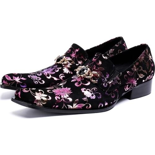 Flower Pattern Italian Genuine Leather Shoes Men Square Toe Slip On Breathable Fashion Style Dress Shoes Chaussure Homme Cuir
