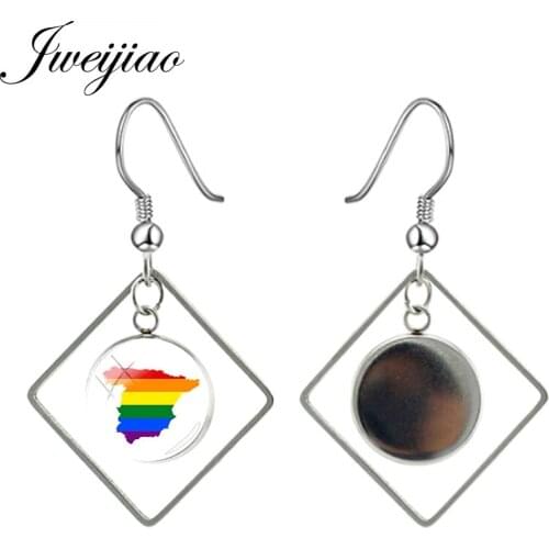 JWEIJIAO LGBT Rainbow Flag Picture Dangle Earrings Geometry Shape Hollow Out Drop Earrings Fashion Glass Dome Women Jewelry BT04