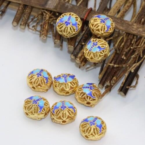 Gold-color 14mm round hollow carved enamel cloisonne spacers beads accessories necklaces/bracelets charms jewelry 5pcs B2513