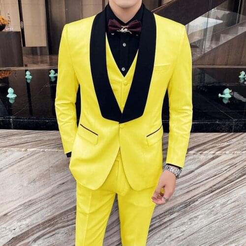 Latest Coat Pant Designs Yellow Men Suit Prom Tuxedo Slim Fit Wedding 3 Pieces Suits Custom Made Groom Blazer Terno Masculino