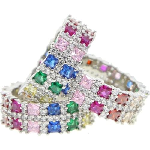 Silver color rainbow cz engagement ring wide colorful cz eternity band stacking full finger rings for women