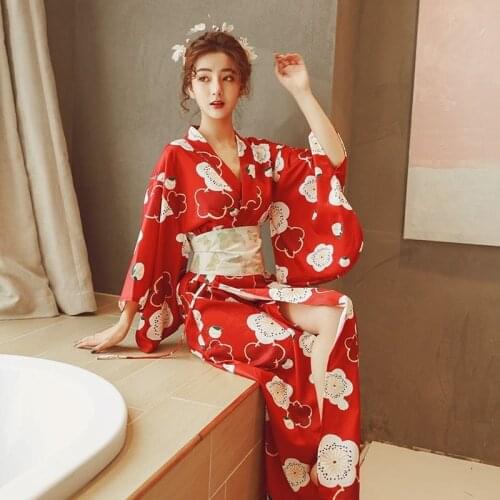 Japanese Girl Geisha Clothing Woman Kimono Dress Split Sakura Print V-neck Sexy Yukata Wedding Party Photography Performance