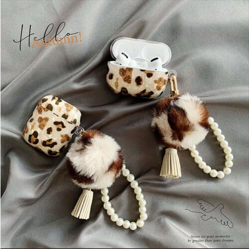 Retro Leopard Pattern Soft Earphone Case For AirPods 1 2 Pro 3 Headset Box For AirPods Cover With Cute Hairball Pearl Bracelet