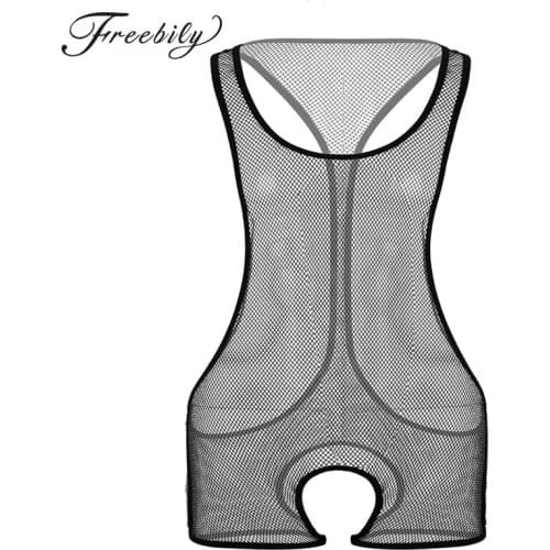 Sexy Mens See Through Sheer Fishnet Sleeveless Scoop Neck Crotchless Jumpsuit Bodysuit Costumes Lingerie Valentine Nightwear