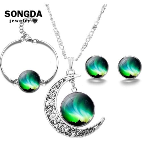 SONGDA Hot Natural Northern Lights Jewelry Sets Aurora Art Glass Dome Crescent Moon Pendant Necklace Earrings Bracelet Bisuteria