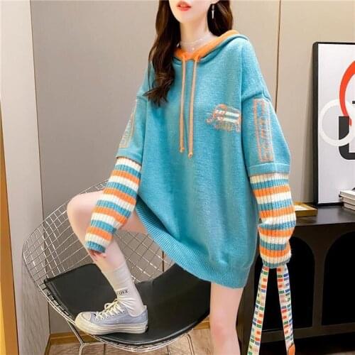 Hooded Sweaters Womens Clothing Pullover 2021 Autumn New Korean Version Loose Striped Spliced Long Sleeve Top Sueters De Mujer