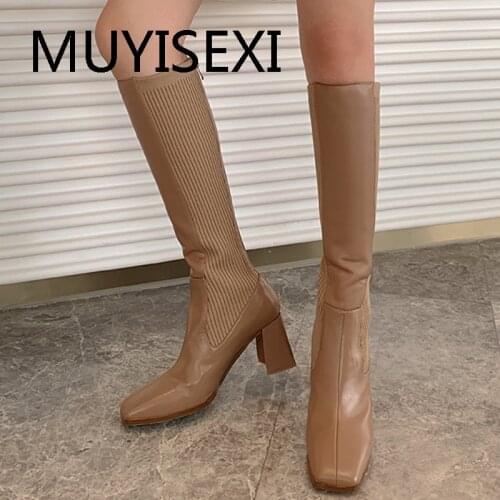 Square toe 7.5cm thick high heels zip big size keep warm pure color dating party lady cozy romantic stretch boots YT21 MUYISEXI