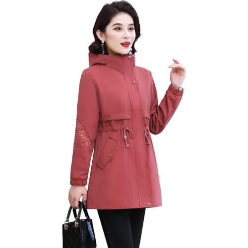 Womens Trench Coat New Spring Autumn Middle-aged Elderly Mothers Outerwear Trench Mid-Length Zipper Embroidery Coat Tops W576