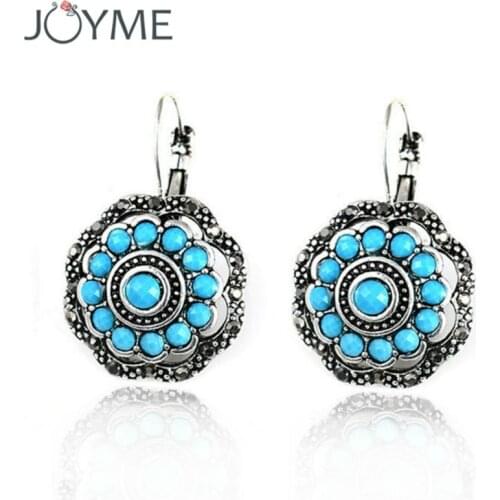 Vintage drop earrings with stone tibetan silver-color earrings blue round resin acrylic earings pendientes jewelry