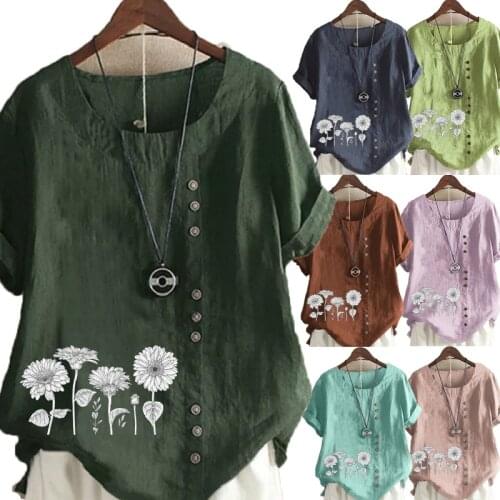 Summer Womens Fashion Flower Printed Short Sleeve Round Neck Blouse Ladies Linen Button Tops Loose T-shirts S-5XL Plus Size