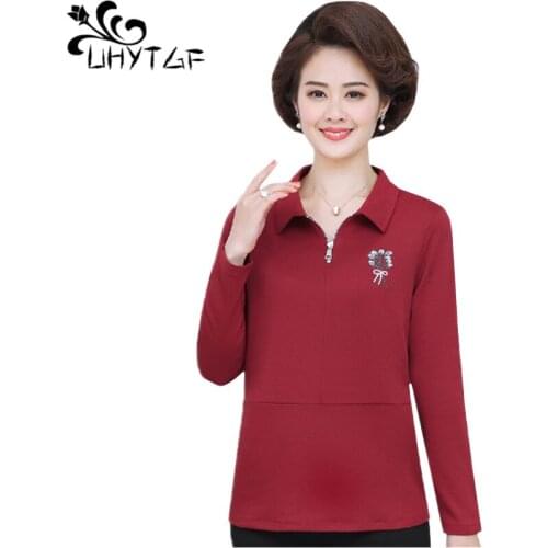 UHYTGF female T-shirt long-sleeved pullover spring t shirt Pure color wild Short top elegant mom 5XL plus size tshirt womens 864