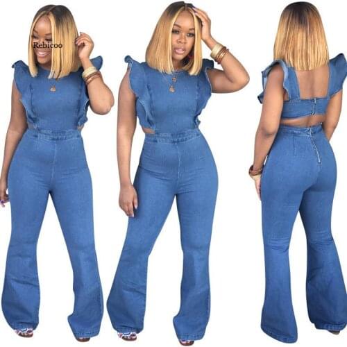 Women Sexy Denim Jumpsuits Casual Ruffle Sleeves Playsuits Slim Overalls Jeans Rompers Plus Size New
