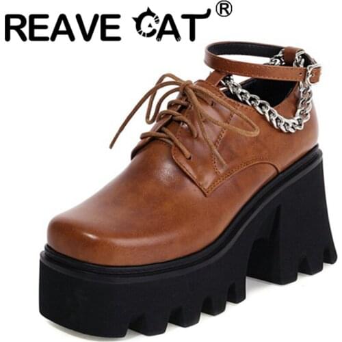 REAVE CAT 2021 Pumps Chains High Thick Heel Sole Chunky 8cm Platform Ankle Buckle Strap Square Toe Lace Up Punk Size 35-44 A4156