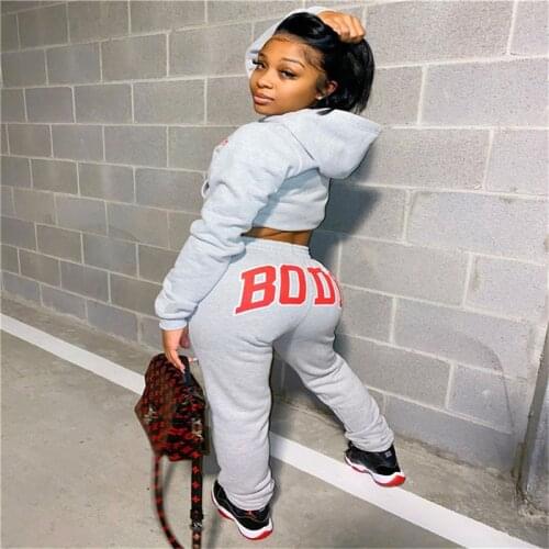 Women Outfits Long Sleeve Front Pocket Hooded Crop Top + Bottom Letter Sweatpants Womens 2Pcs Set For Autumn Winter