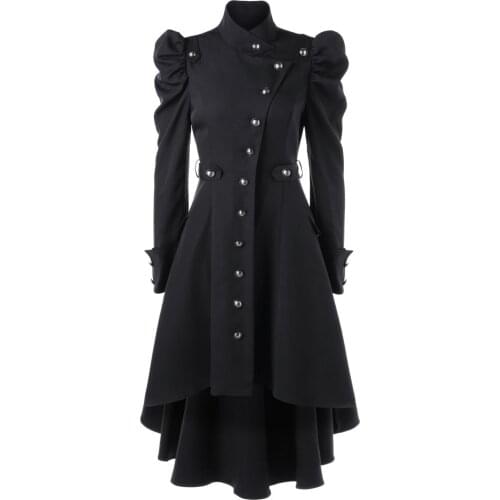 Women Medieval Gothic Steampunk Slim Costume Trench Jacket Fashion Solid Stand Collar irregular Hem Coats Victorian Costume
