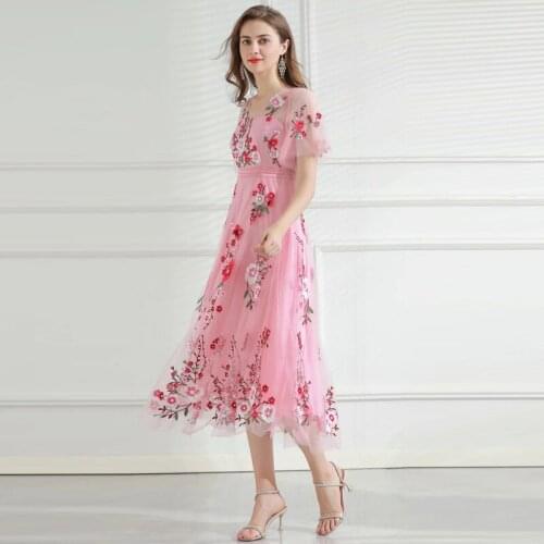 Embroidery Flower Runway Fashion Women New Arrival Summer Pink V-Neck Mesh Elegant Beach Long Dress
