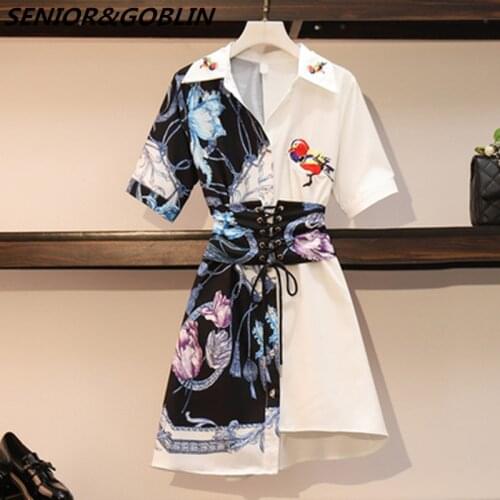 2021 New fashion Korean Summer Elegant Print Embroidery Dresses Women Plus Size Shirt Fake Two Piece Patchwork Dress Vestidos