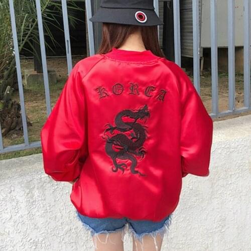 Harajuku GD Style Dragon Embroidery Faux Silk Baseball Uniform Coat Spring Loose Couples Jacket Zipper Cardigan Streetwear Tops