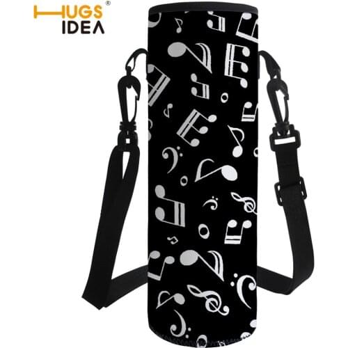Black Music Notes Print Water Bottle Sleeve Insulated Neoprene Carrier Bottle Cover for 1000ml Water Bottle with Shoulder Strap