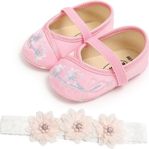 Baby Girl Shoes Infants Embroidery Floral Pattern Princess Shoes Lace Flower Headband Photography Props