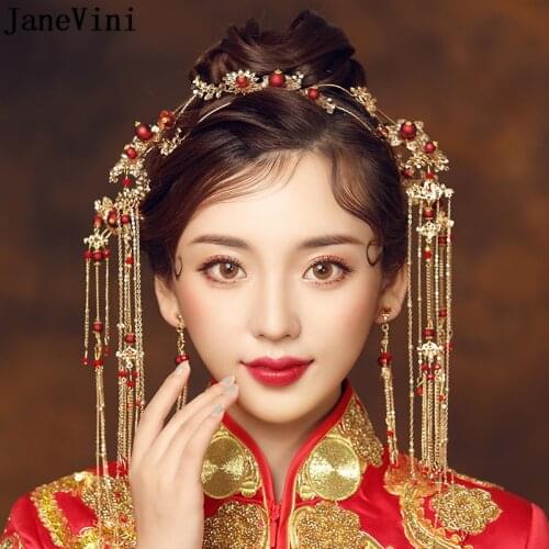 JaneVini Elegant Ancient Chinese Red Beading Bridal Headdress Golden Tassel Hairpins Wedding Ornaments Hair Jewelry Accessories