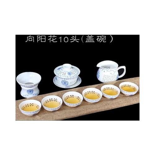Ceramic Jingdezhen Complete Exquisite Tea Set Home Kung Fu Black Tea Pu-erh Crystal Hollow Teapot Teacup Teaware Free Shipping