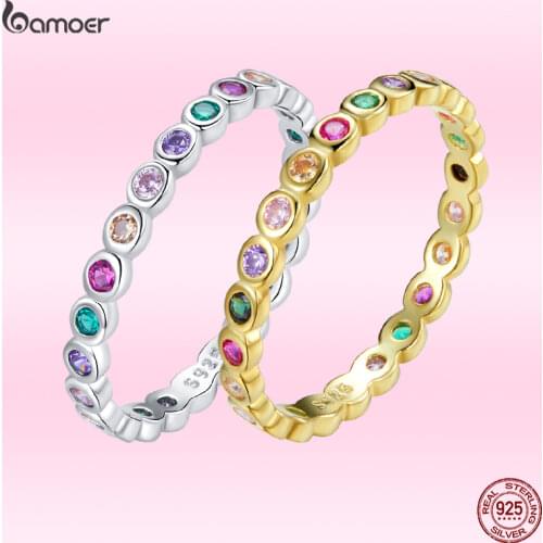 Bamoer GXR714 Exquisite Lucky Ring for Women Luxury Zircon 100% 925 Sterling Silver Gold-Plated Colorful Ring Wedding Jewelry