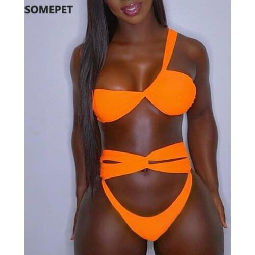 High Waist Bikini Set 2021 One Shoulder Womens Swimsuit Hollow Out Swimwear Brazilian Orange Bikinis Beach Wear Bathing Suit