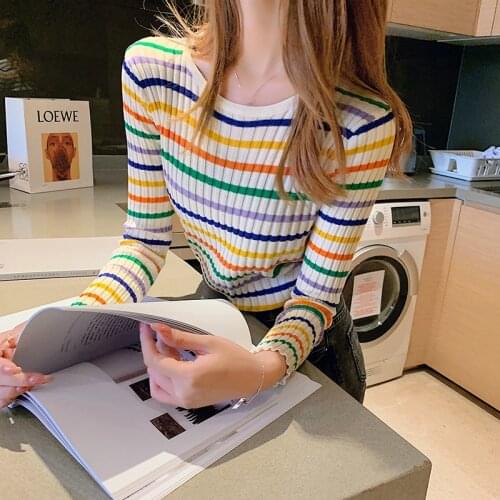 Beautiful Color Striped Casual Fashion Bottoming Shirt Slim Stretch Round Neck Long Sleeve Sweater