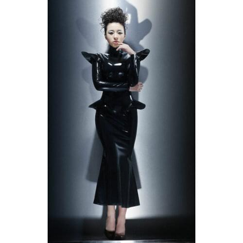 Beautiful Sexy Women Black Latex Queen Dress Rubber Outfit Raised Small Wings with Back Zipper