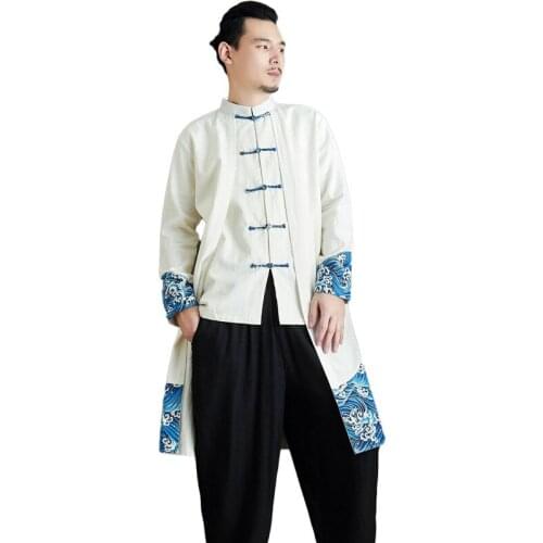 LZJN 2020 Spring Men Trench Coat Outerwear Patchwork Long Sleeve Blouse Handmade Chinese Knot Buttons Cotton Linen Shirts