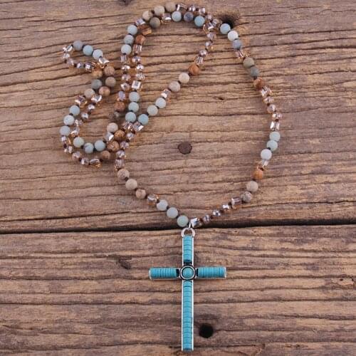 MD Fashion Bohemian Jewelry Accessory 6mm Multi Natural Stones /Crystal Knotted Blue Cross Necklace Women Boho Gift Dropship