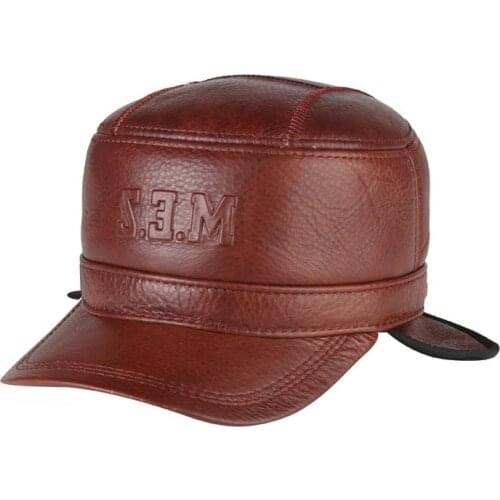 H3514 Men Leather Visor Hat Autumn Winter Middle-aged Elderly Male Cowhide Cap Coldproof Warm Earmuffs High Quality Fashion Caps