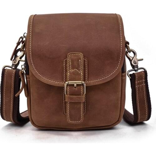 Mens leather shoulder bag retro crazy horse leather brown belt bag outdoor multi-purpose first layer cowhide belt bag messenger
