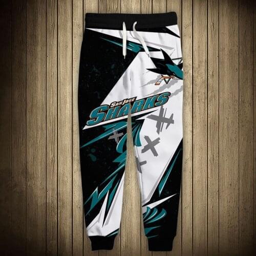 San Jose mens Casual Sharks Sports Pants Stitching Design Graffiti Letters Fish Print Sweatpants