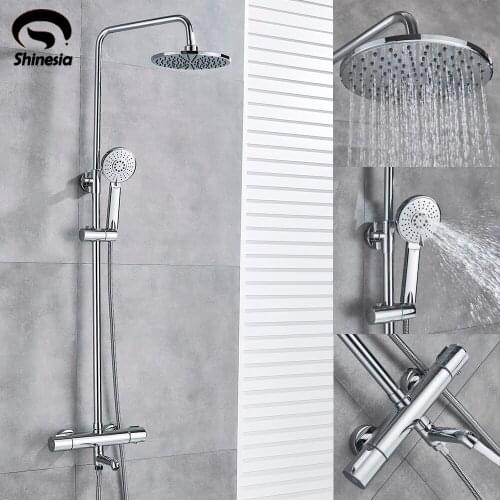 Shinesia Chrome Thermostatic Shower Faucet Set Wall Mount Rain Shower Faucet With Hand Shower Tub Spout Hot Cold Mixer