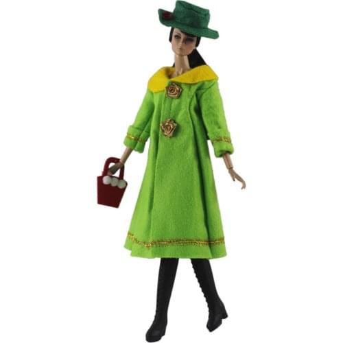 Doll Clothes Winter Parka Handbag Hat for Barbie Outfits Fashion Long Green Coat Dress 1/6 BJD Dolls Accessories Kids DIY Toys