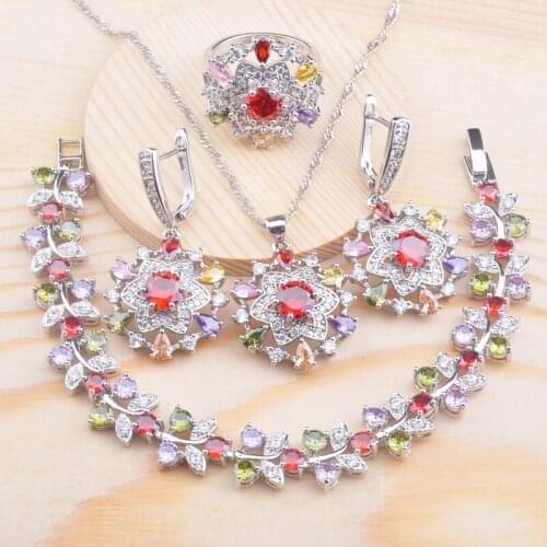 Luxurious Multicolor Zirconia Silver Plated Jewelry Set For Women Engagement Gift Bracelet Necklace Pendant Earrings Ring QS0705