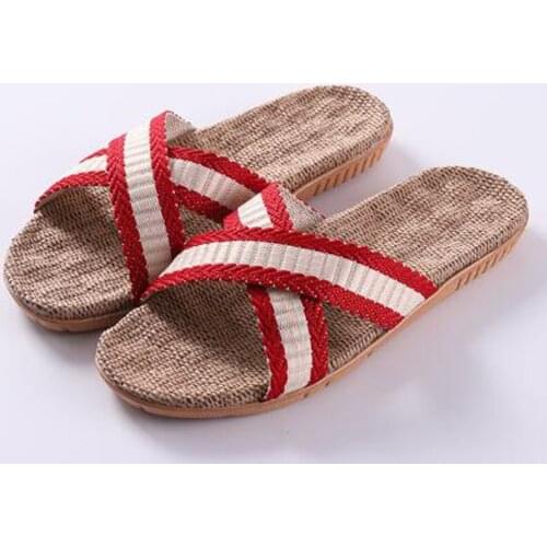 Womens Linen Sandals White Cross Stripe Flax Slippers Indoor Bathroom Home Slippers Outdoor Beach Flip Flops Women Slides Shoes