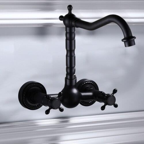 Bathroom Basin Faucets Solid Brass Sink Mixer Tap Hot & Cold In-Wall Mounted Dual Handle Black Rotating Kitchen Mixer Faucet