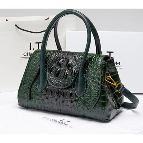 Luxury Fashion Cowhide Leather Boston Bag Women Handbag Crocodile Pattern Shoulder Messenger Bag Ladies Portable Pillow Bags