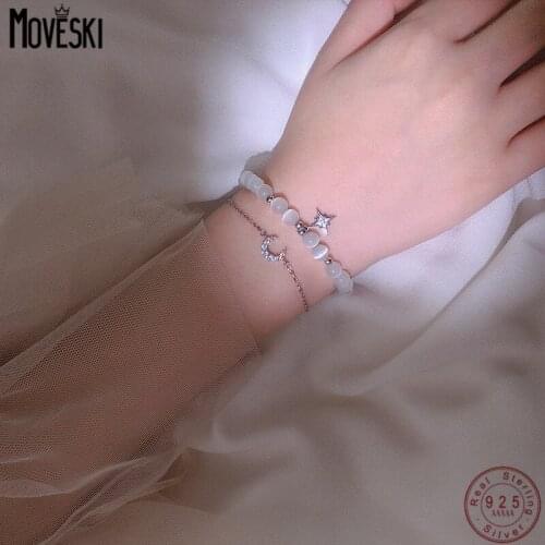 MOVESKI 925 Sterling Silver Star Moon Double Zircon Opal Bracelet Women Boutique Jewelry Wedding Jewelry Gift Handmade Beaded