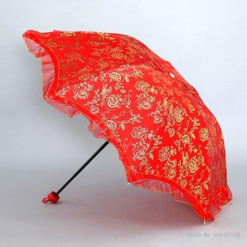 Chinese wedding decoration parasol red rose print bridal umbrella Apollo fashion ladies lace folding girl umbrella