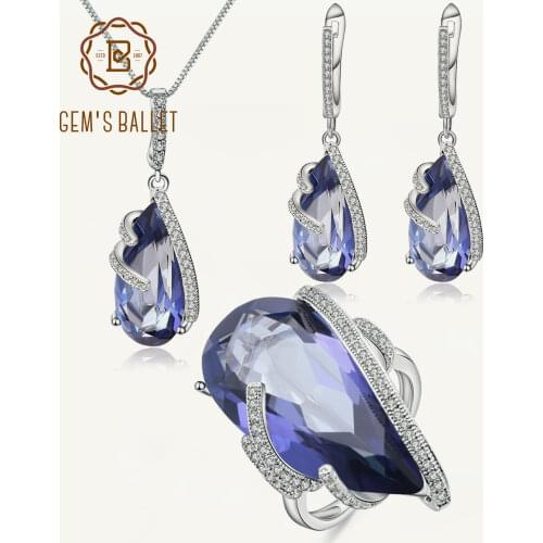 GEMS BALLET Natural Iolite Blue Mystic Quartz Jewelry Set 925 Sterling Silver Water Drop Earrings Ring Pendant Sets For Women