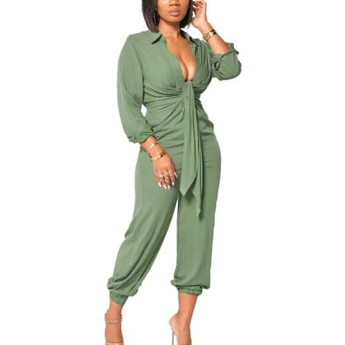 Women Long Sleeve Deep V-Neck Vintage Jumpsuit Romper For Work Women Slim Bodycon Jumpsuit Solid Casual Pants Outfits