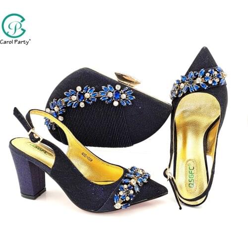2021 New Arrival Italian Design Nigerian Fashion Special Colorful Crystal Style Party Women Shoes and Bag Set in D.Blue Color
