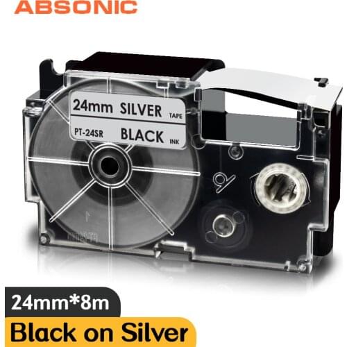 24mm XR-24SR Tape for CASIO XR-24WE Label Tape Printer Ribbon Compatible For Casio KL-E300 KL-T70 Label Maker Black on Silver